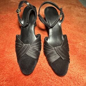 Black Velvet and Satin Black Stack Heel w/ Ankle Strap size 9